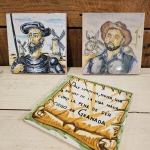 Vintage Spanish Ceramic Tiles (Azulejo) Don Quixote, Sancho Panza & Poet Quote